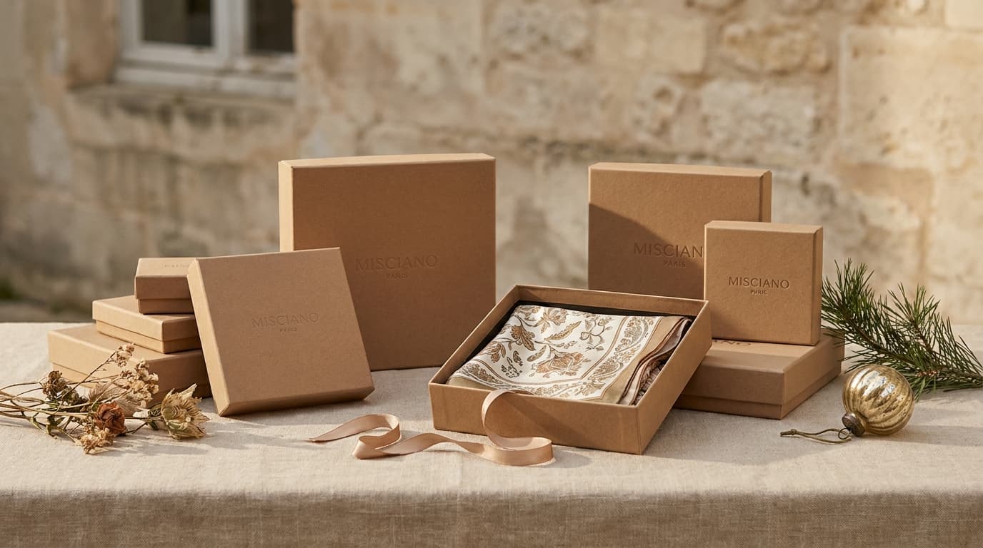 Coffrets cadeau Misciano et carré de soie imprimé, ambiance de Noël élégante