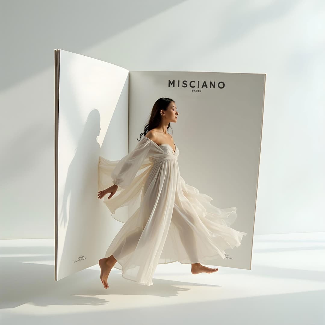 Model in fließendem weißem Kleid vor einer Misciano-Wand im Studio
