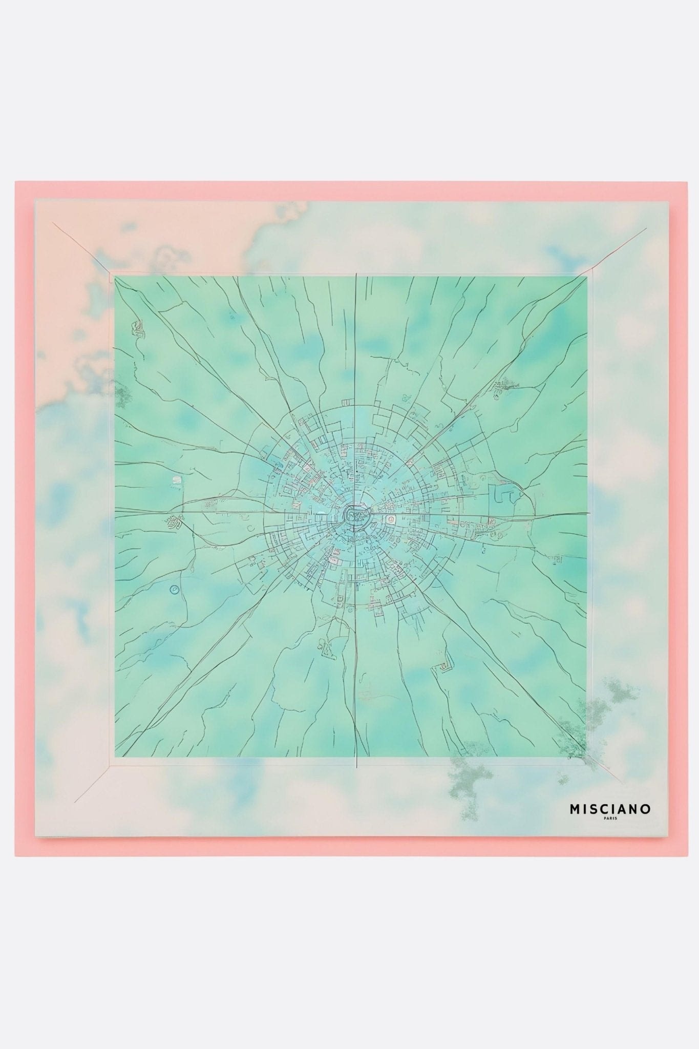 Elegant double-sided silk square showcasing the beautiful Misciano city map print, a perfect accessory for chic ensembles.