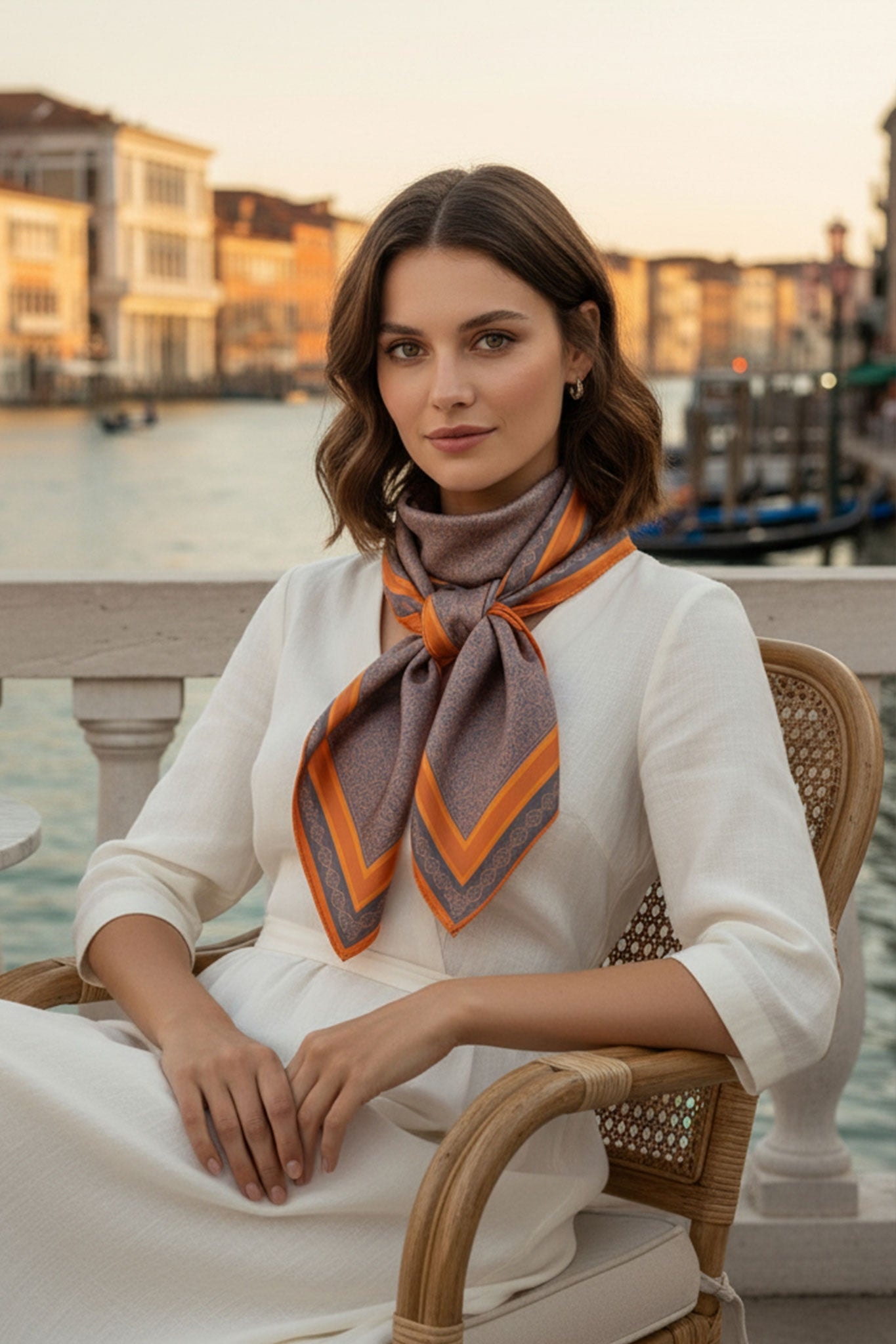 Zoom sur les motifs artistiques du carré de soie 90 cm, double face Ombres d'orient, apportant une touche chic à vos tenues.