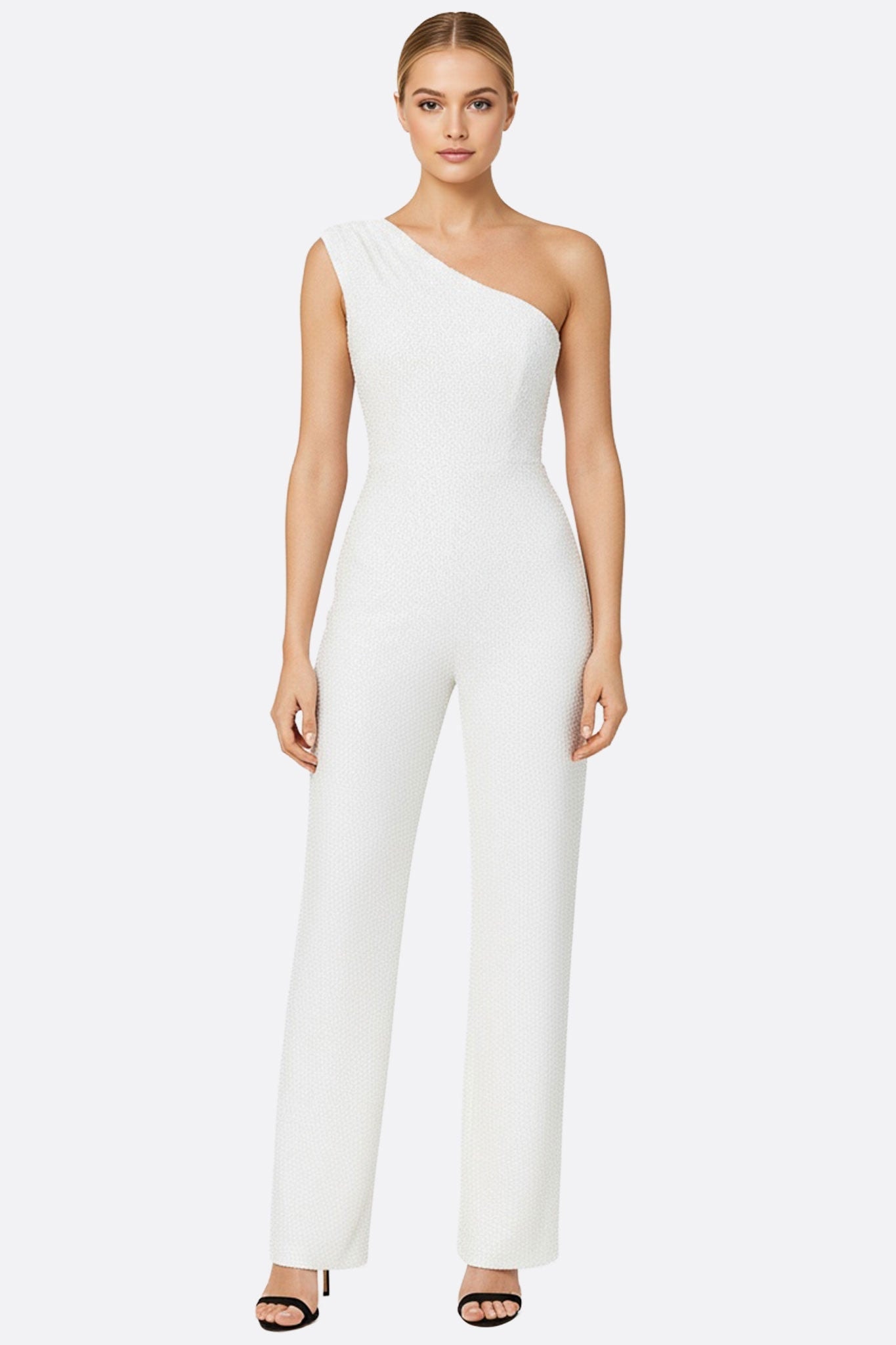 Chic white asymmetric sequin jumpsuit, ideal for a refined evening or elegant event