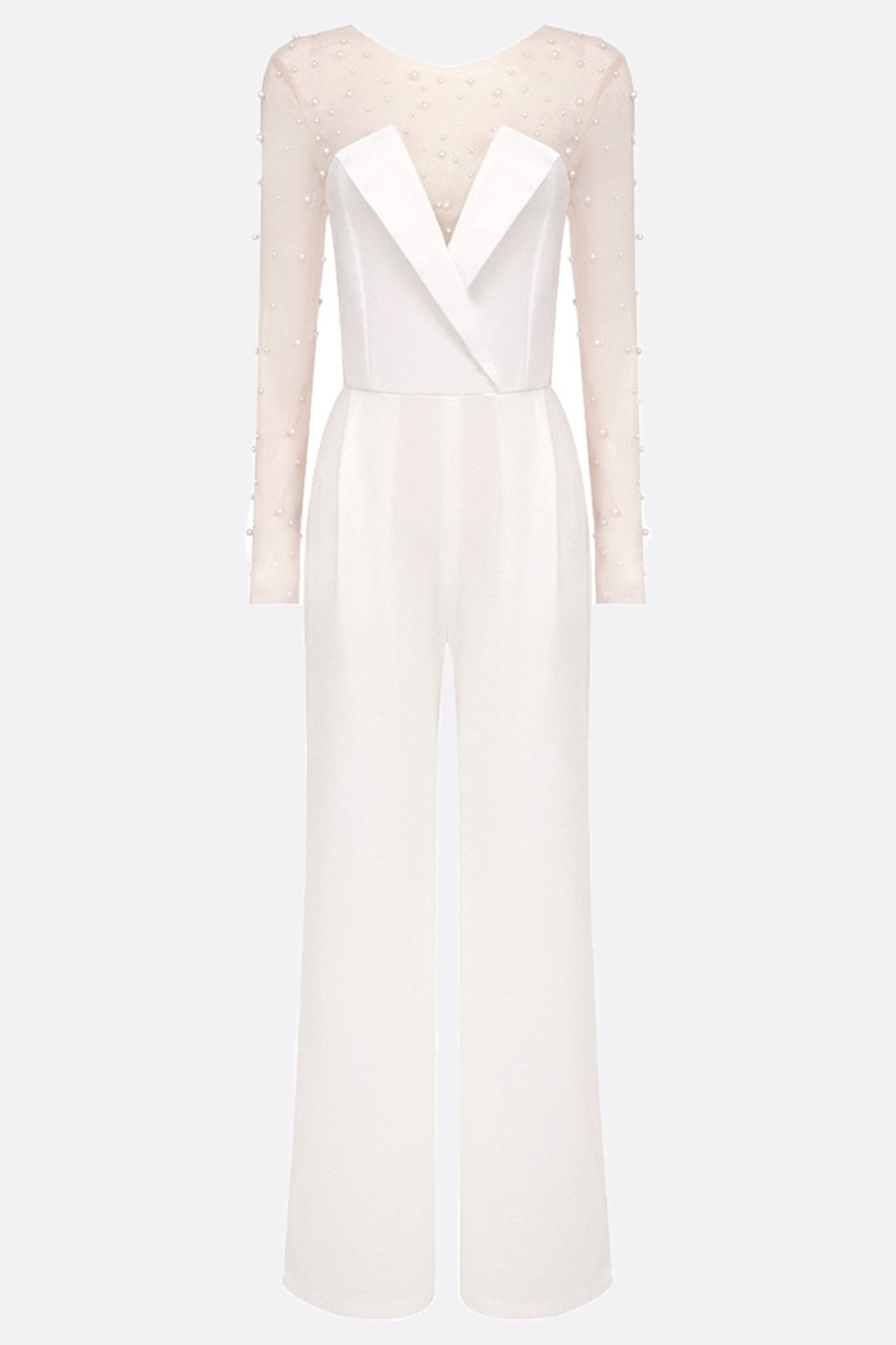 Refined detail of the removable beaded sleeves of the white strapless jumpsuit, perfect for a chic bridal look and...