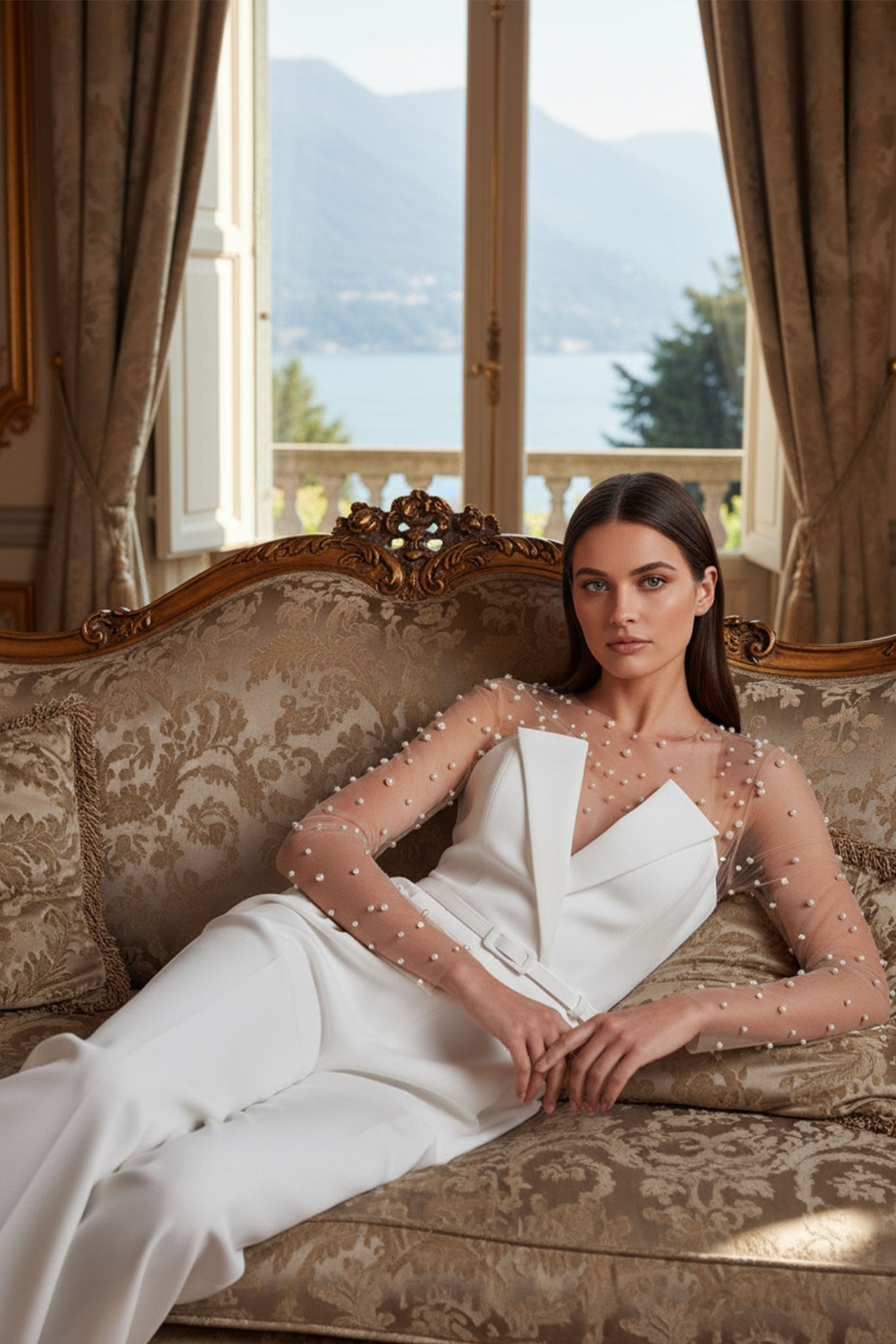 Elegant detail of the illusion beaded sleeves on the white strapless jumpsuit, a modern choice for a refined wedding