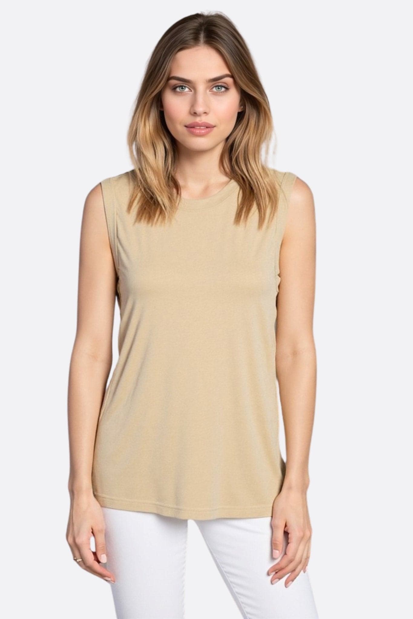 Minimalist beige sleeveless top crafted from shimmering jersey, ideal for chic outings or casual layering for any season.