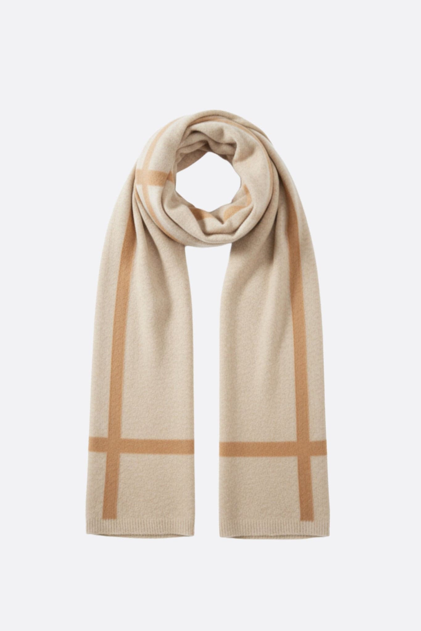 Écharpe en cachemire beige à rayures marron, accessoire délicat pour apporter une touche d'élégance à votre garde-robe.