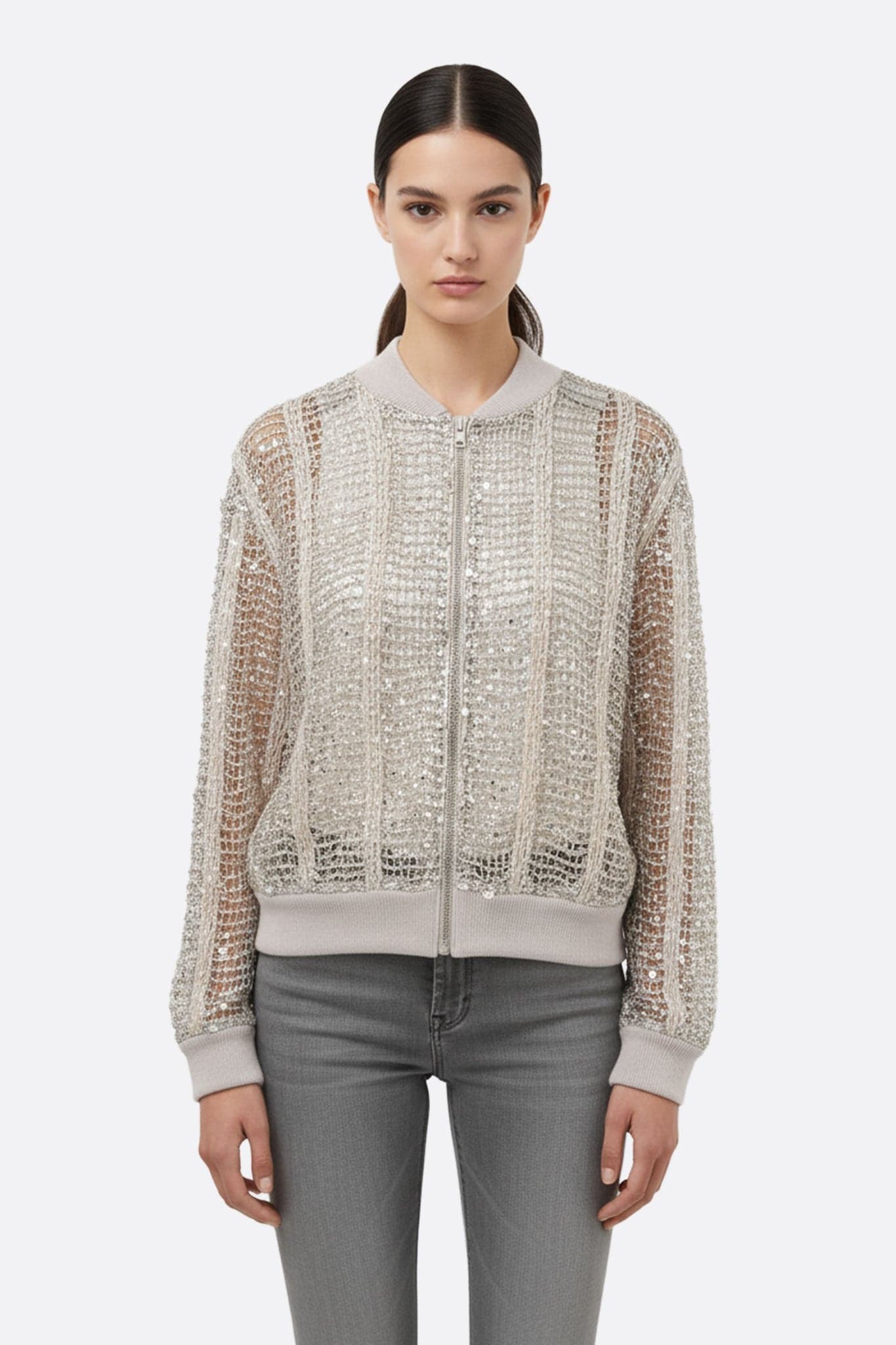 Champagne openwork bomber vest in linen and silk, adorned with sequins, perfect for elevating a chic evening outfit.
