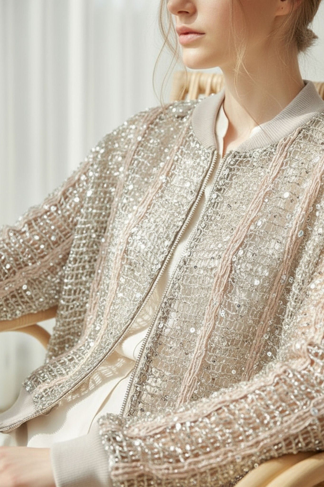 Dettagli del gilet bomber traforato in lino e seta color champagne, mettendo in risalto la texture e lo scintillio dei sequins raffinati.