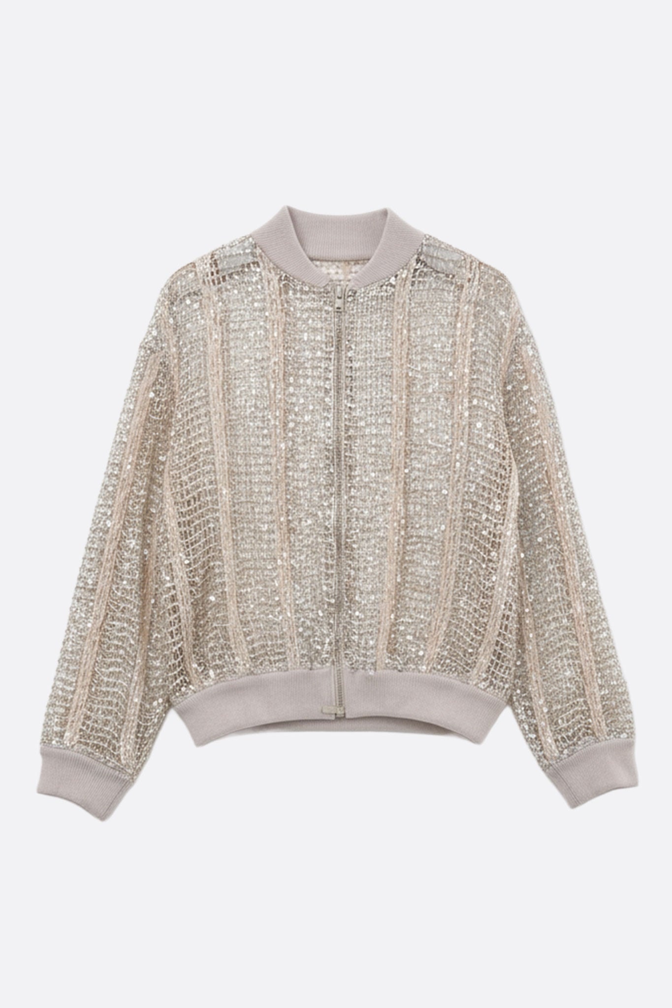 Gilet bomber traforato in lino e seta color champagne, mettendo in mostra sequins brillanti per un tocco glamour ed elegante.