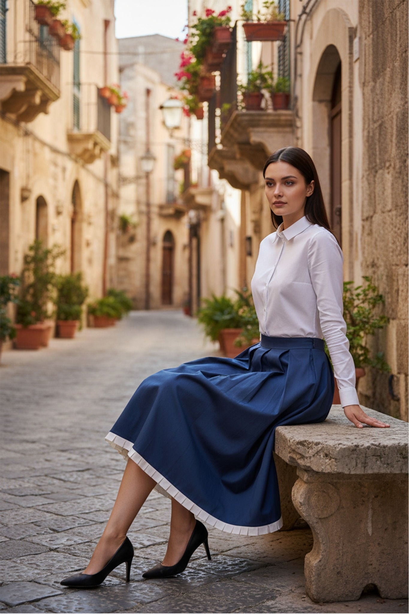 Détail de la jupe plissée bleu nuit avec délicat bord écru, parfaite pour une silhouette élégante en toute occasion.