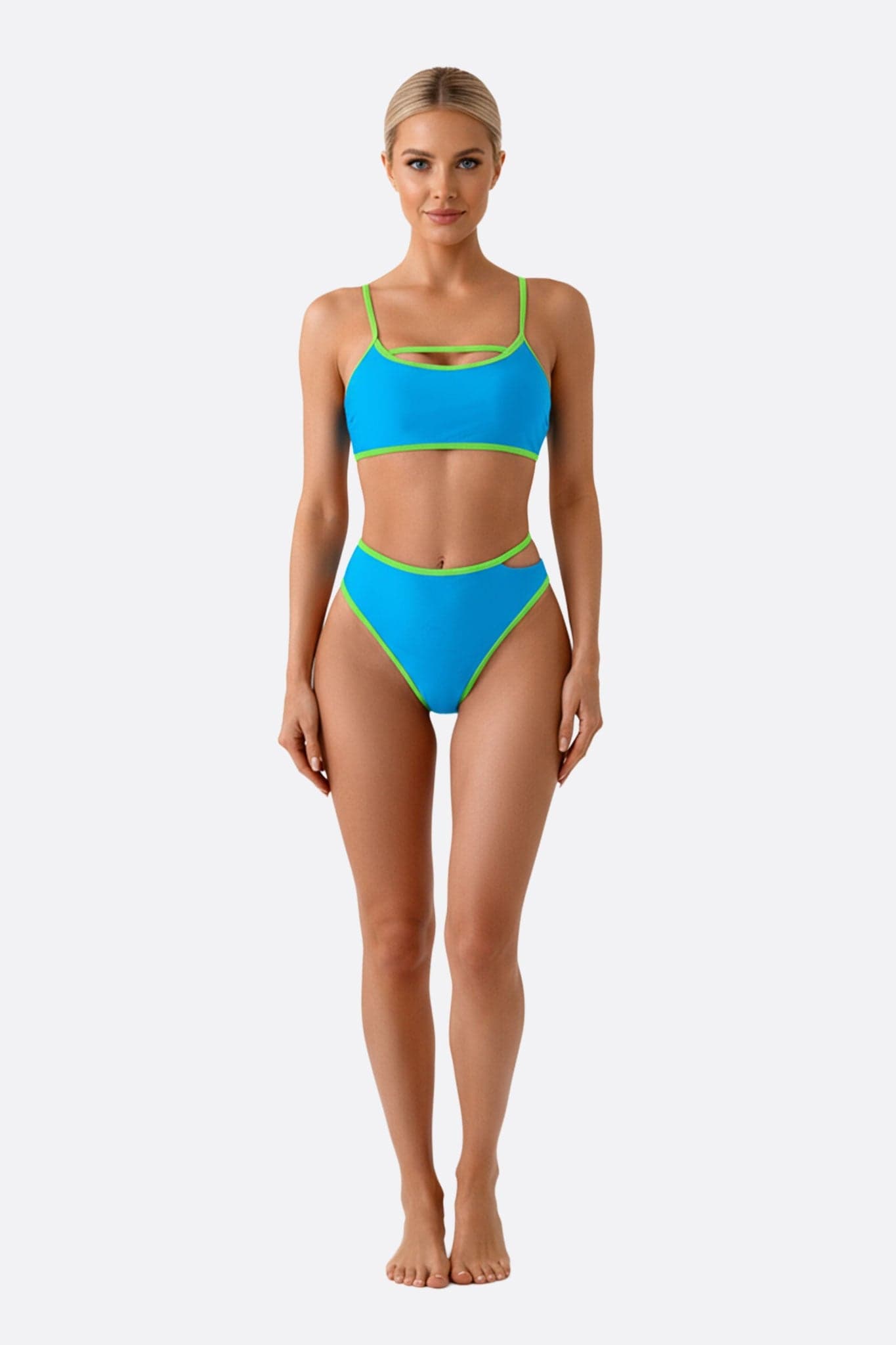 Bikini taille haute bleu électrique avec accents vert néon, parfait pour une journée ensoleillée à la plage.