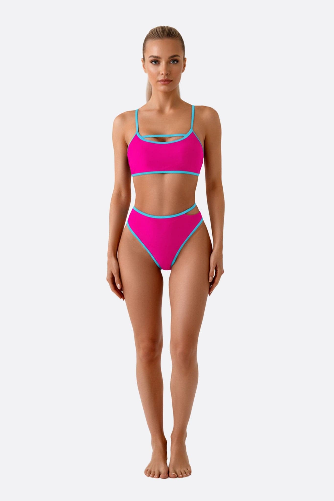 Bikini fuchsia à taille haute avec accents bleu turquoise, parfait pour une journée ensoleillée à la plage.