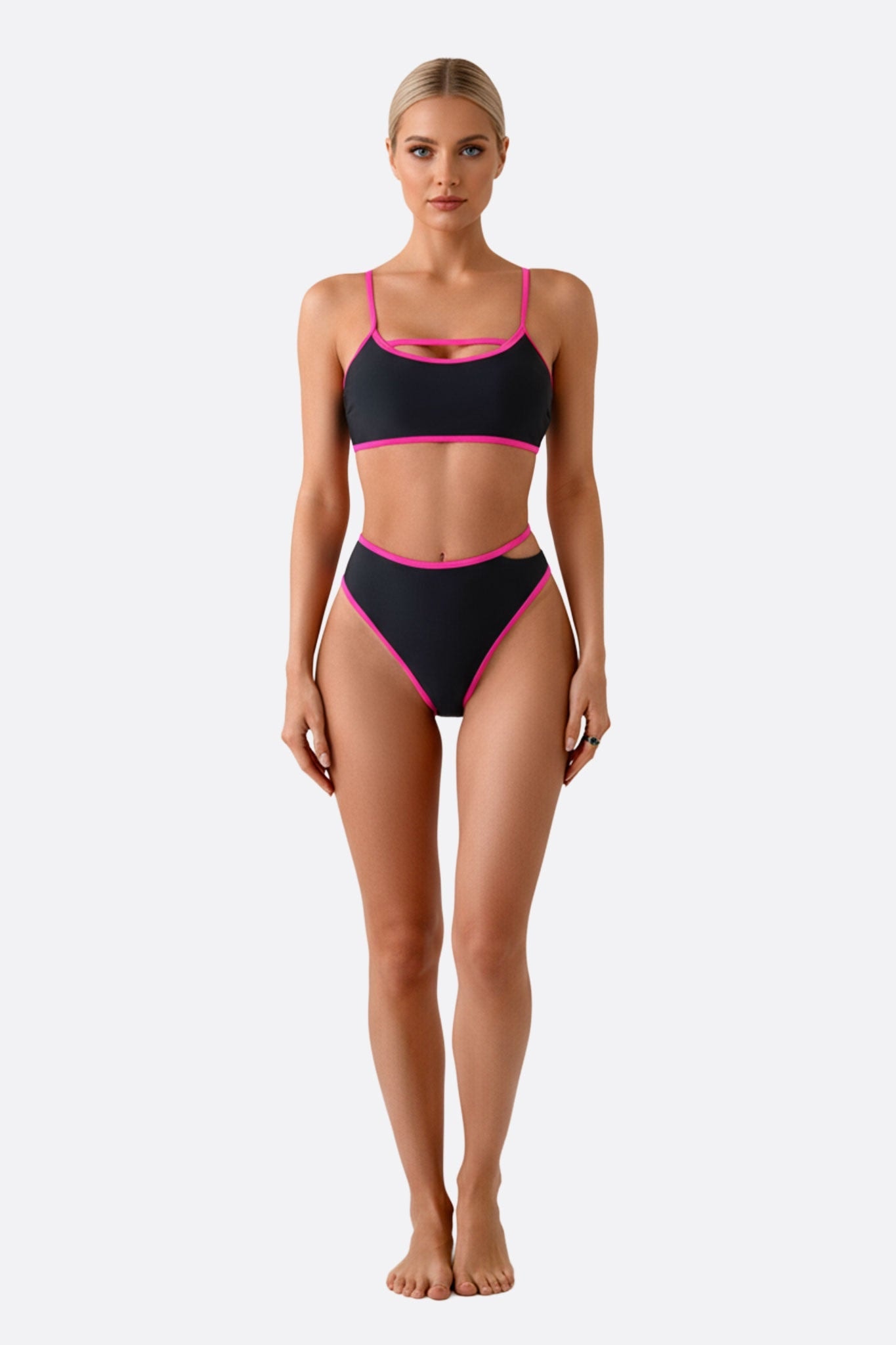 Bikini taille haute noir avec bordures fuchsia, chic et audacieux, parfait pour des journées à la plage ou au bord de la...