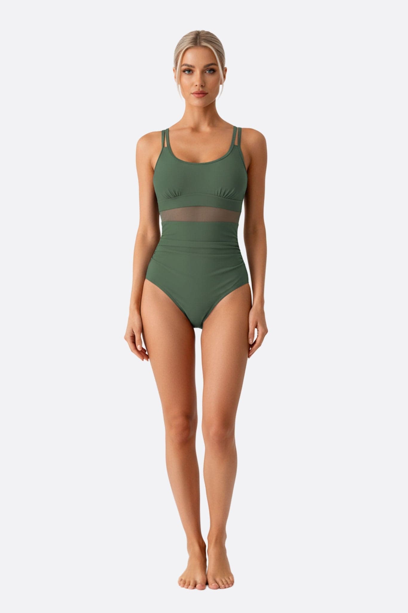 Maillot de bain chic une pièce en vert kaki, résille raffinée, parfait pour une journée à la plage.