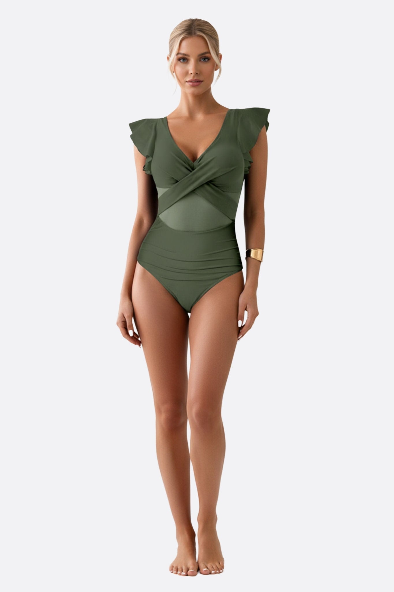 Maillot de bain une pièce élégant vert olive avec volants, parfait pour une journée à la plage ou au bord de la piscine.