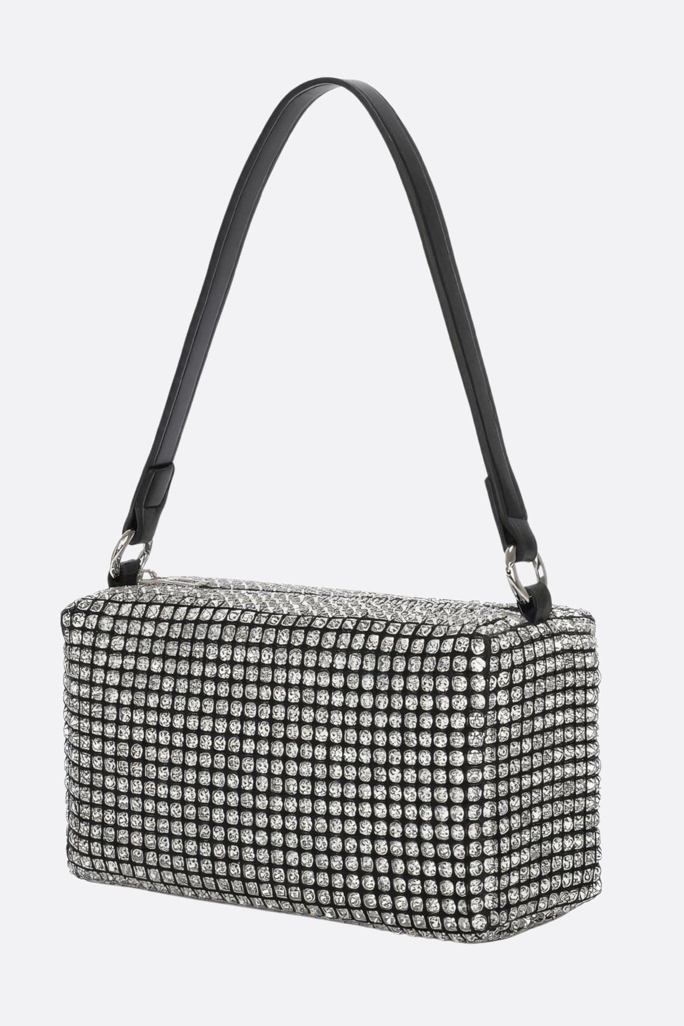 Mini bolso rectangular con strass plateados, asa de mano y bandolera, ideal para iluminar tus looks de noche.