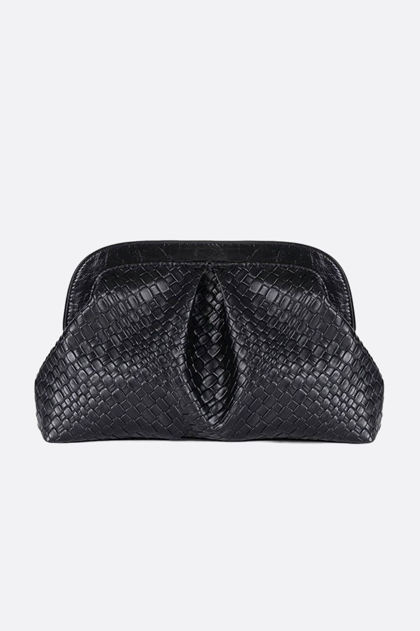 Elegante schwarze Clutch aus gewebtem Material, perfekt für festliche Anlässe oder stilvolle Abendausgänge.
