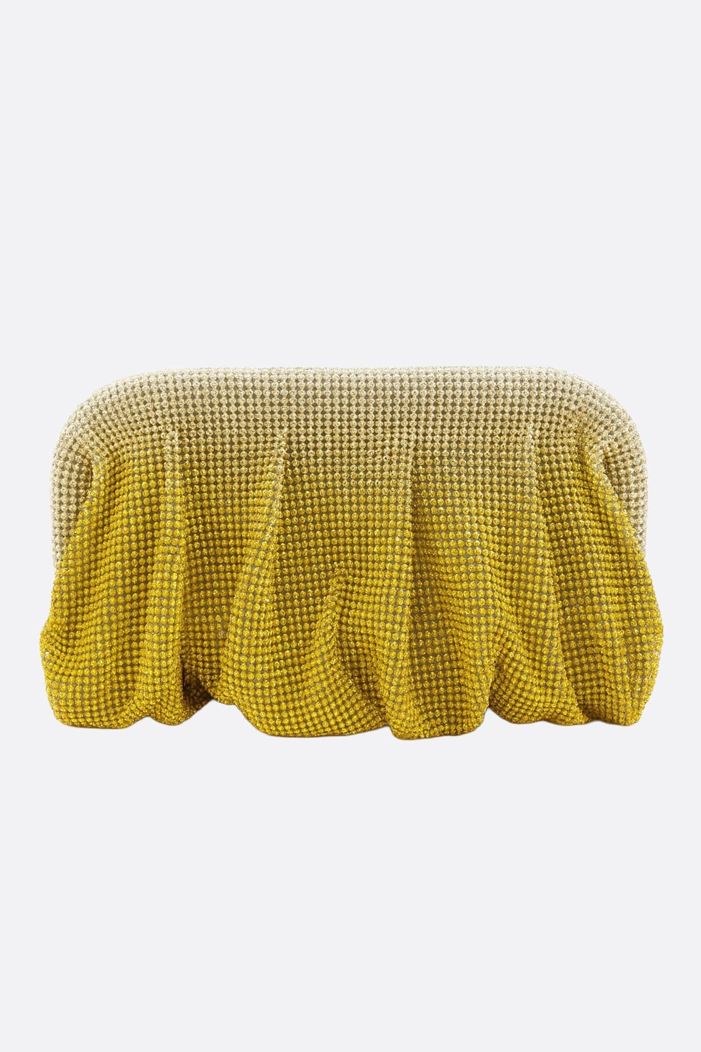 Pochette élégante nuage en dégradé beige et jaune ornée de cristaux, parfaite pour une soirée raffinée.