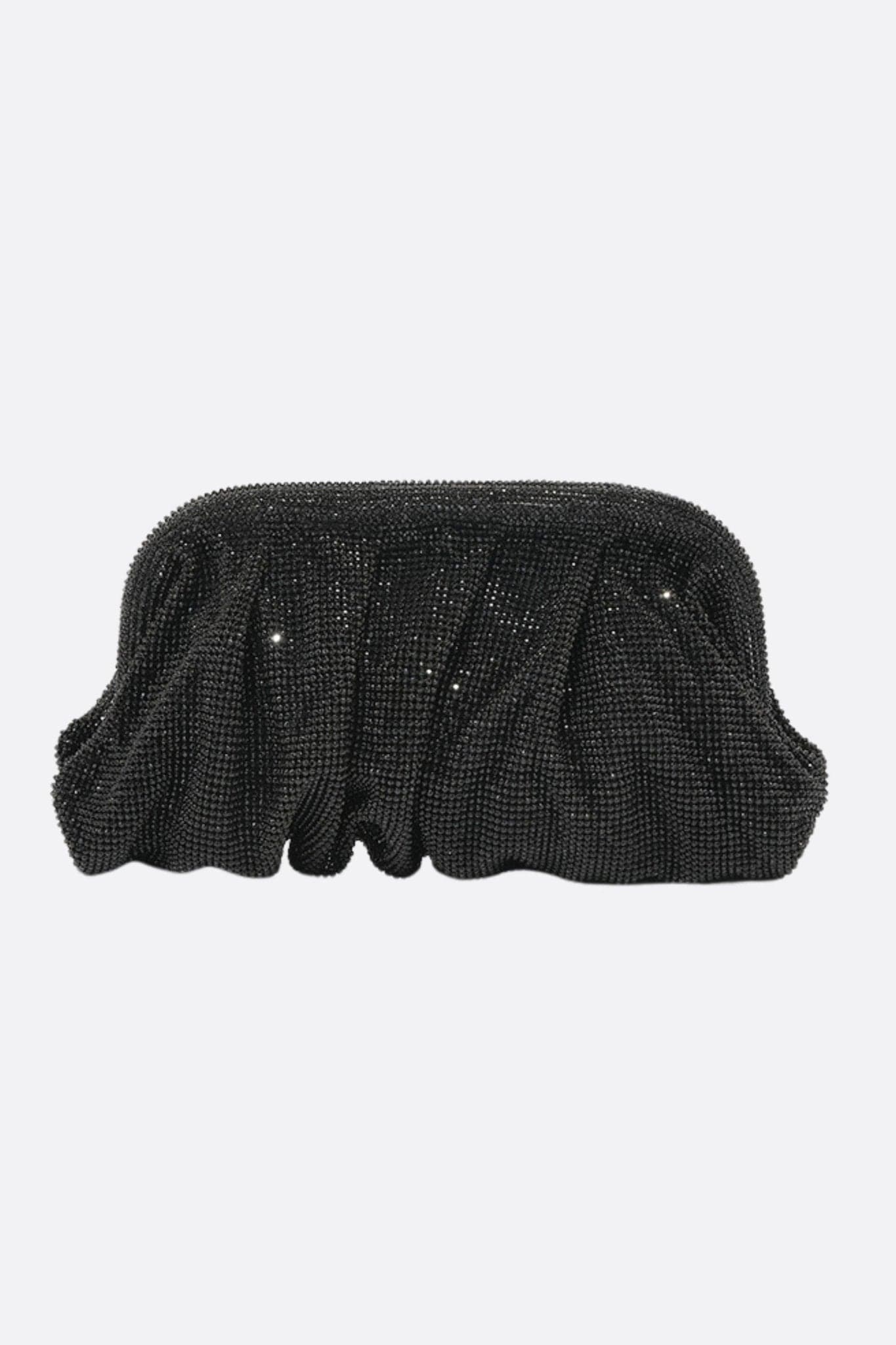 Pochette nera minimalista con plissè e cristalli, accessorio elegante per eventi serali e occasioni speciali.