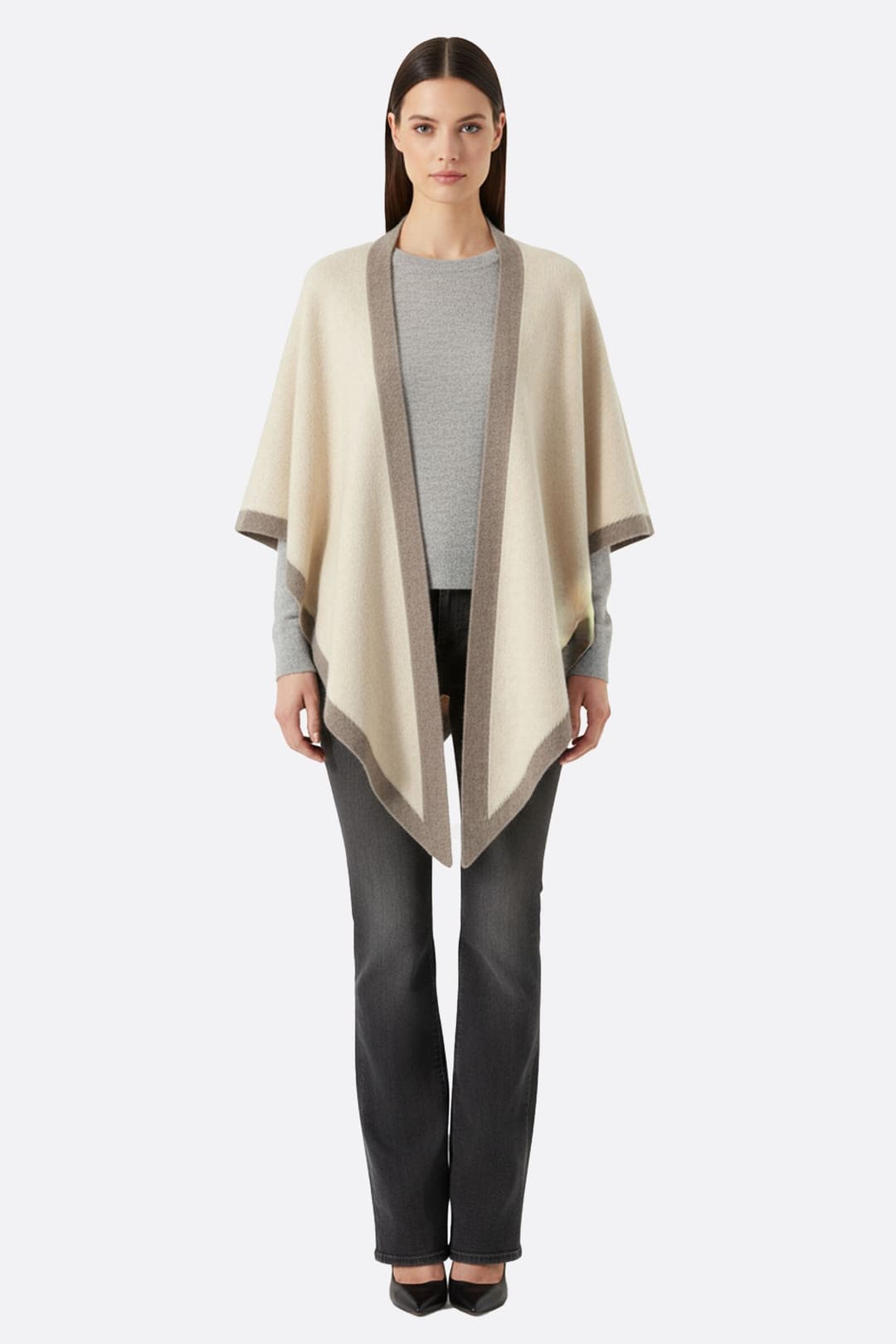 Poncho en cachemire beige à bandes contrastantes taupe