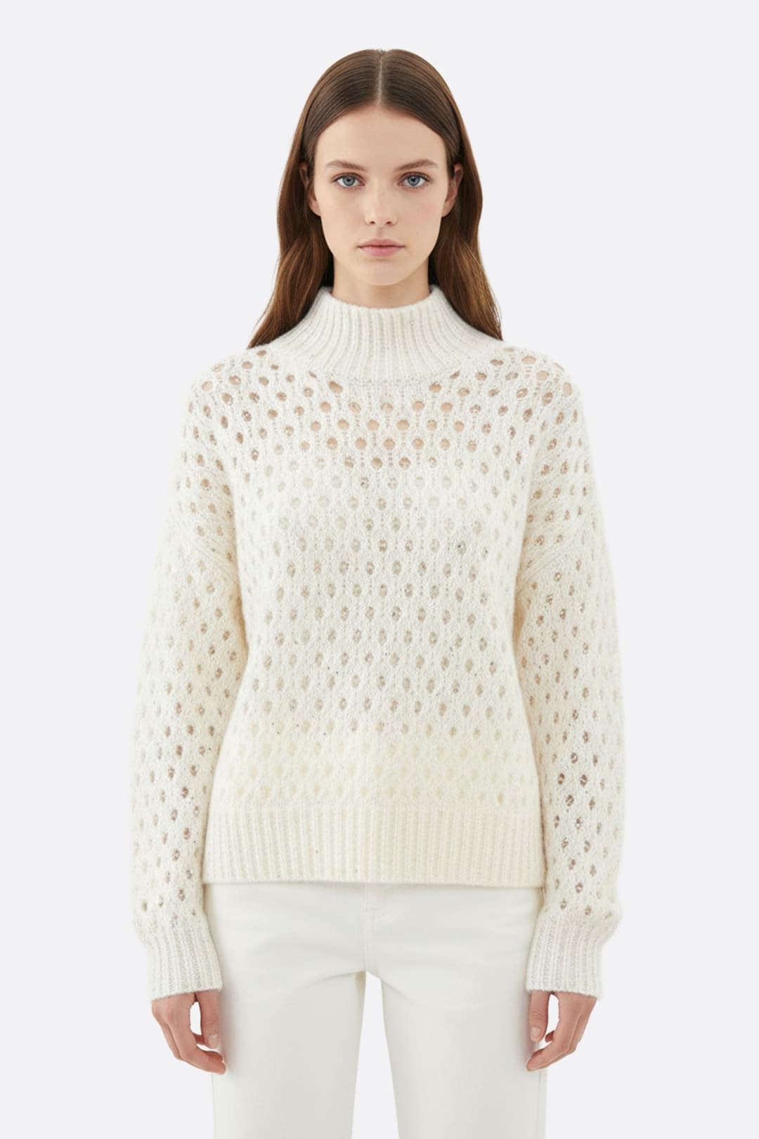 Pull blanc ajouré en cachemire à col montant et sequins