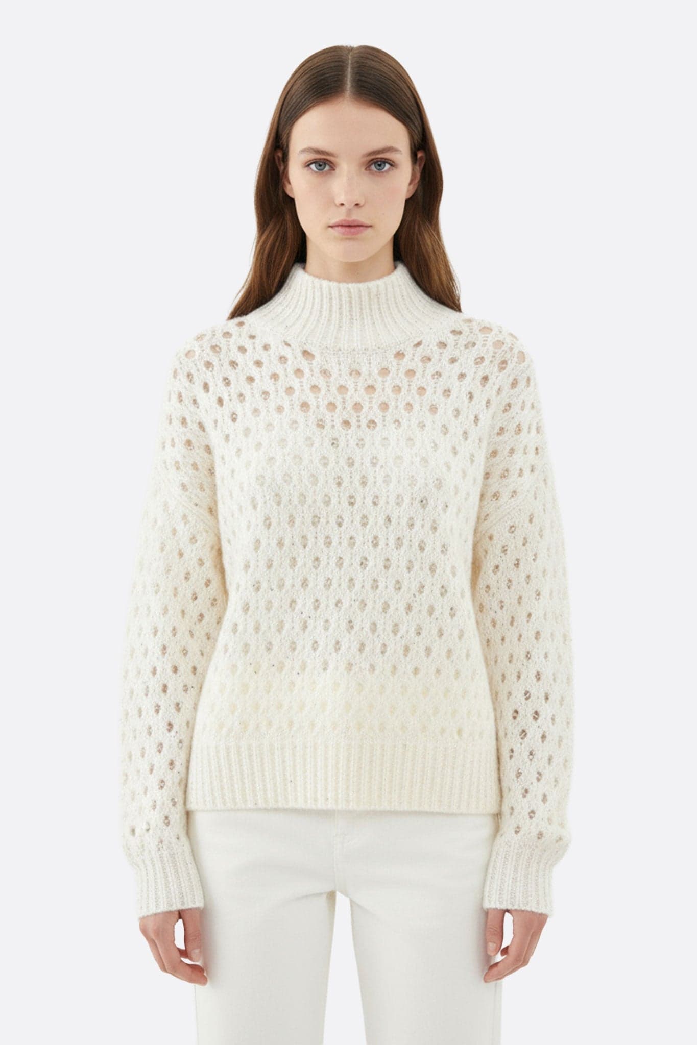Weißer Lochmuster-Kaschmirpullover mit Stehkragen, verziert mit Pailletten, für einen eleganten Stil bei jedem Anlass.