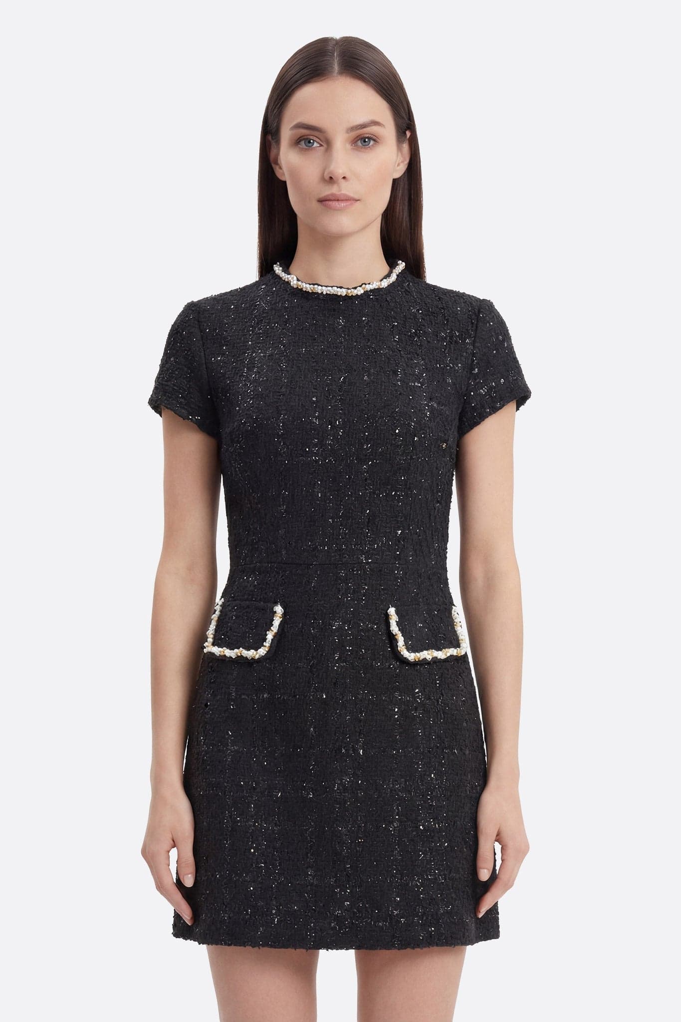 Kurzes schwarzes Tweedkleid mit goldenem Perlenkragen - Misciano