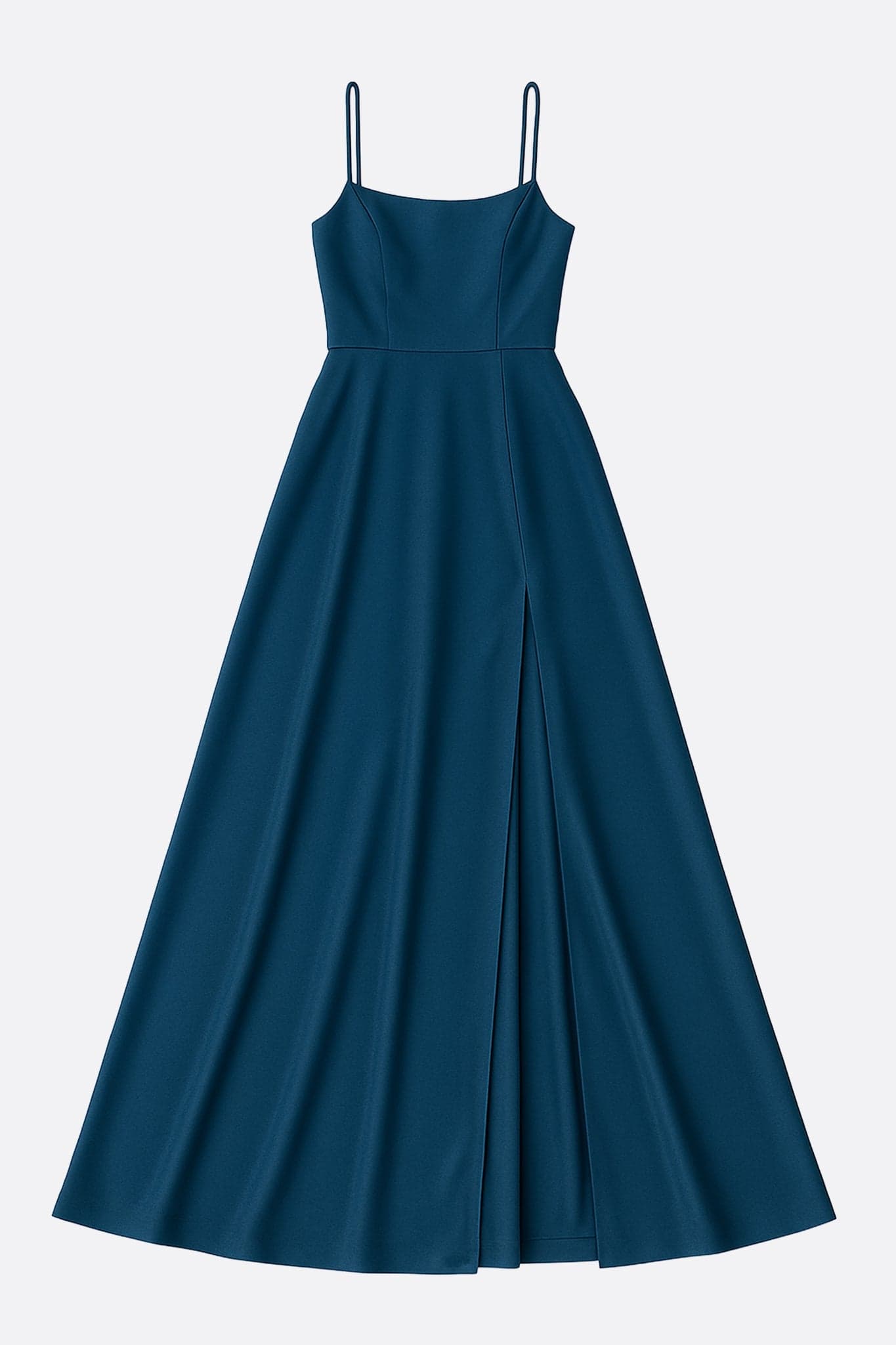Zoom sur la texture luxueuse de la robe long dos nu bleu canard, avec bretelles croisées et fente, idéale pour des...