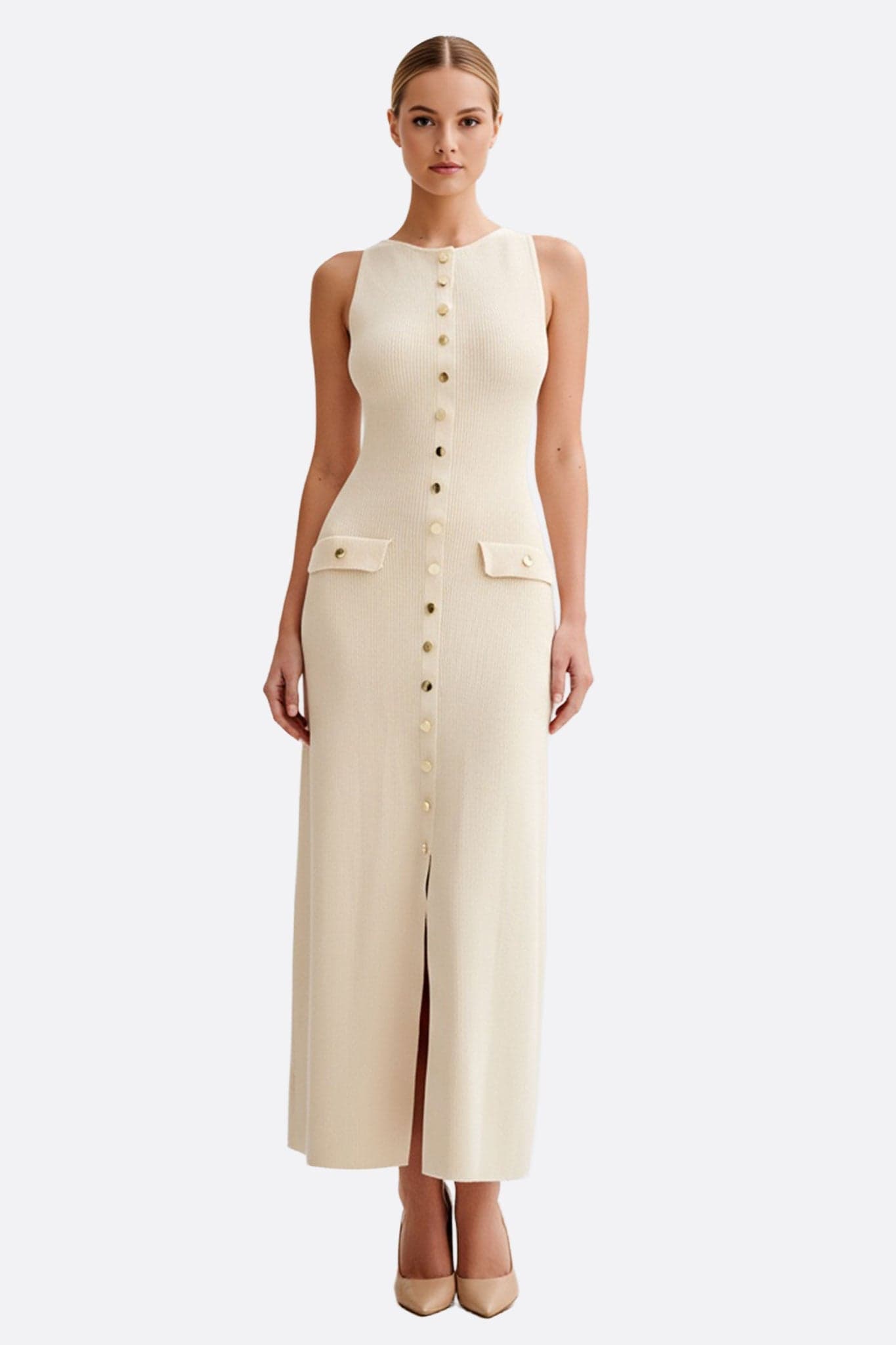 Ecru long button-front ribbed knit dress, blending modern elegance with chic style for a refined evening