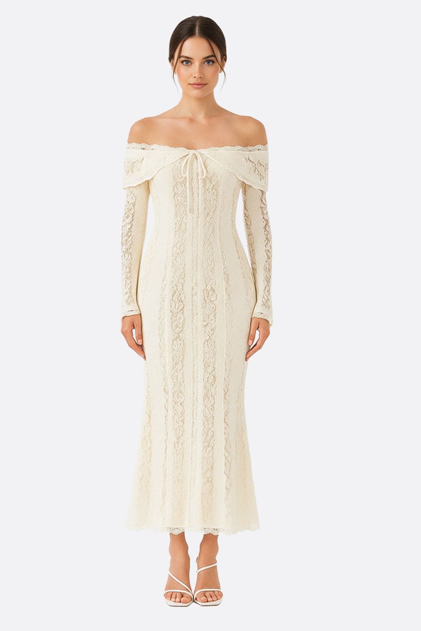 Weißes Spitzenkleid in Maxilänge mit entblößten Schultern, perfekt für einen eleganten romantischen Abend