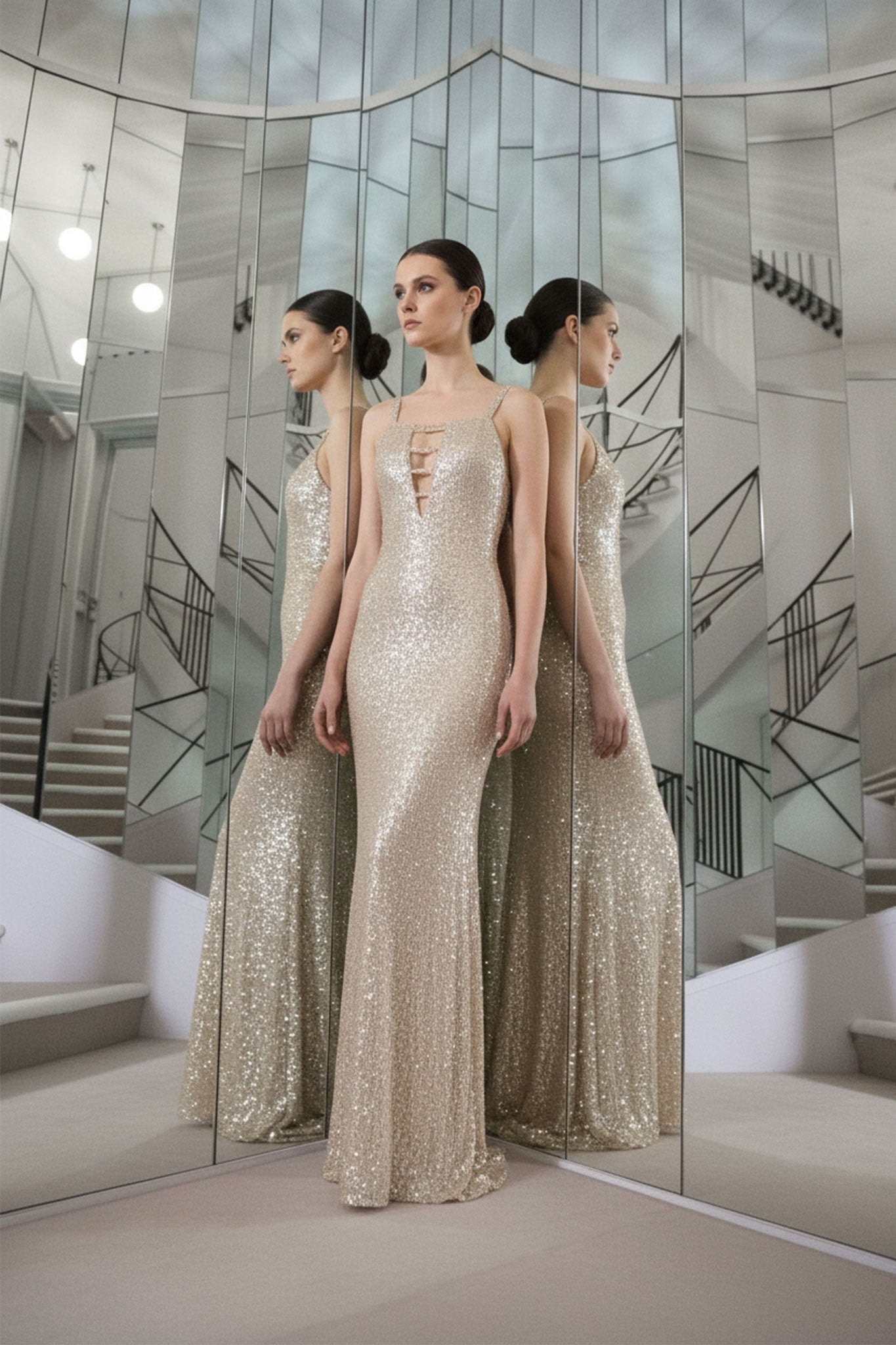 Champagnerfarbenes Goldkleid mit Schlitz und funkelnden Pailletten, alternative Ansicht, die seine Eleganz für festliche Anlässe betont.