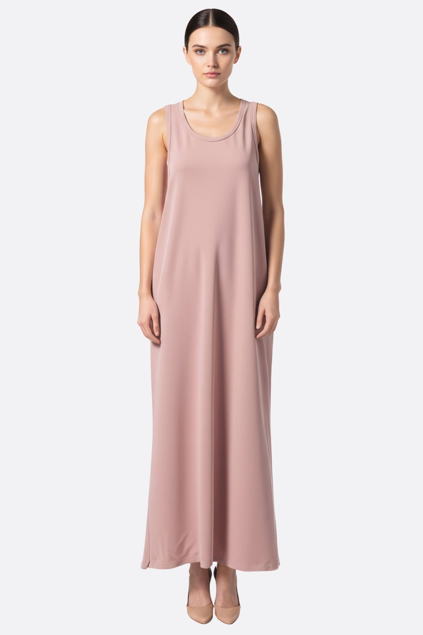 Langes Kleid aus fließendem Jersey in Altrosa, weicher Ausschnitt und luftige Silhouette für einen eleganten und zarten Look.