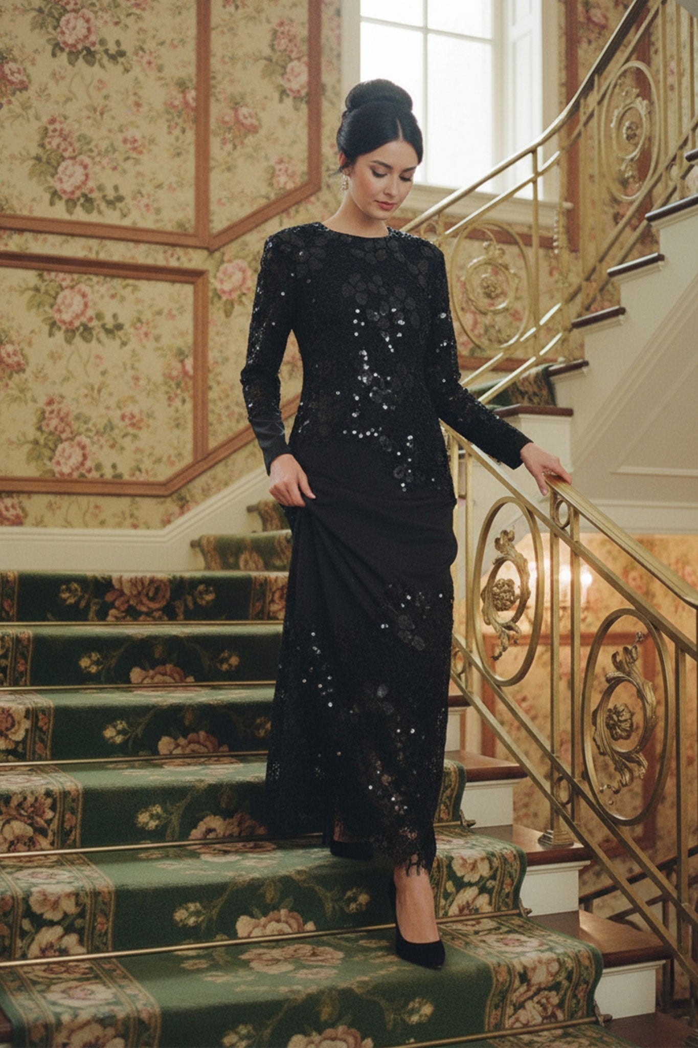 Détail élégant de la robe longue noire en dentelle et sequins, révélant la légèreté des manches longues pour une soirée...