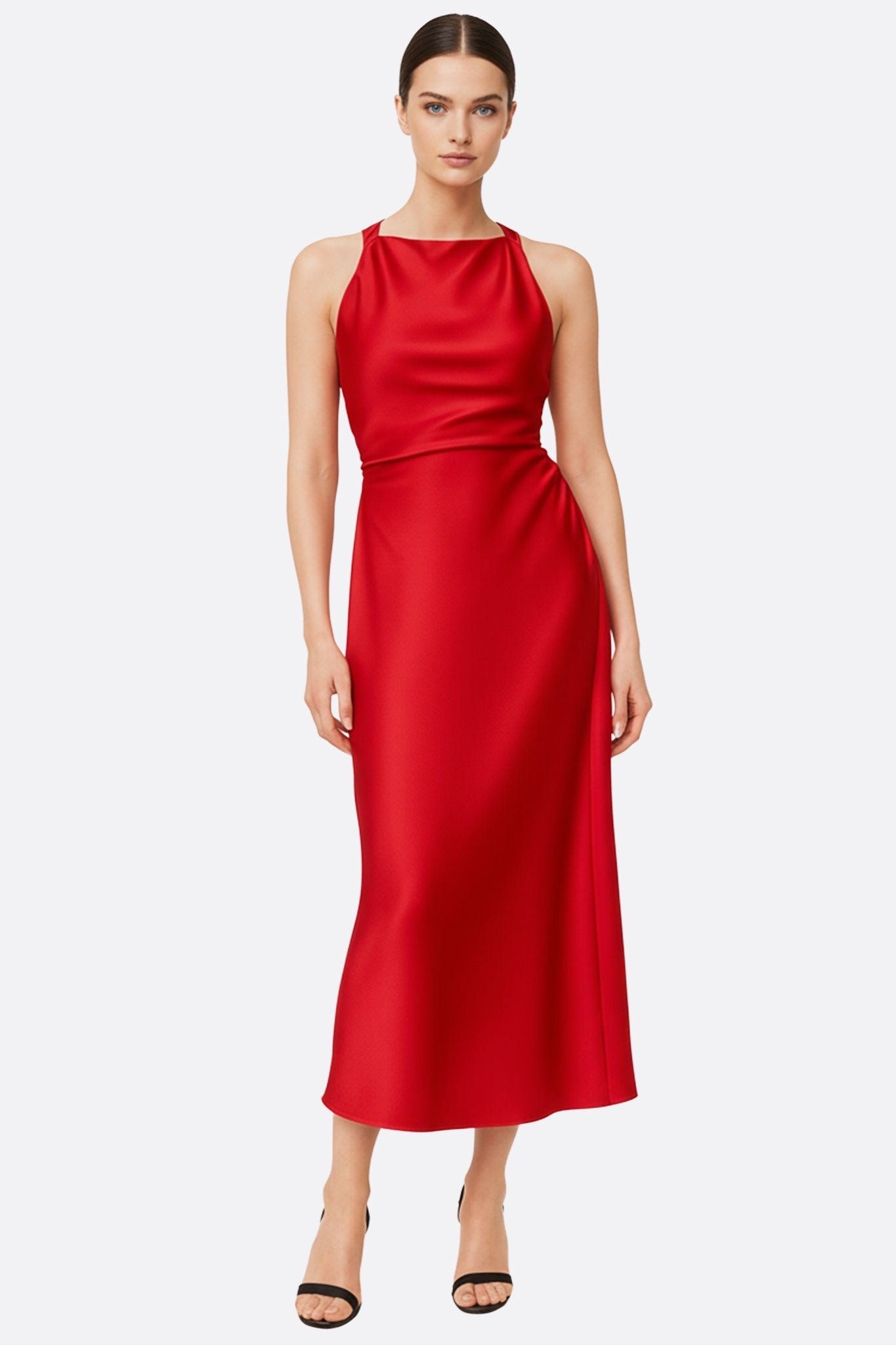 Rotes Satin-Kleid mit Bootsausschnitt, fließende Silhouette für einen eleganten und modernen Abendlook