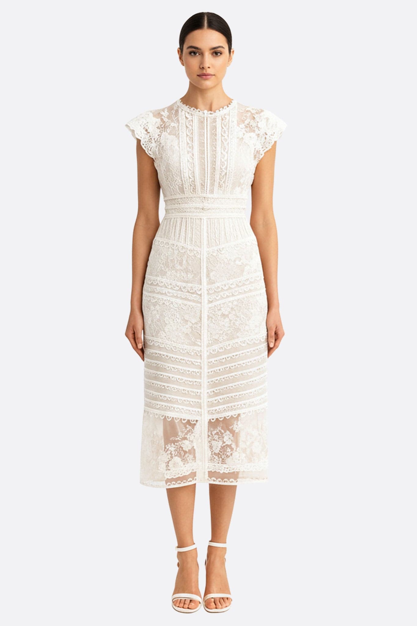 Ecru lace midi dress with short sleeves, perfect for an elegant evening or refined event