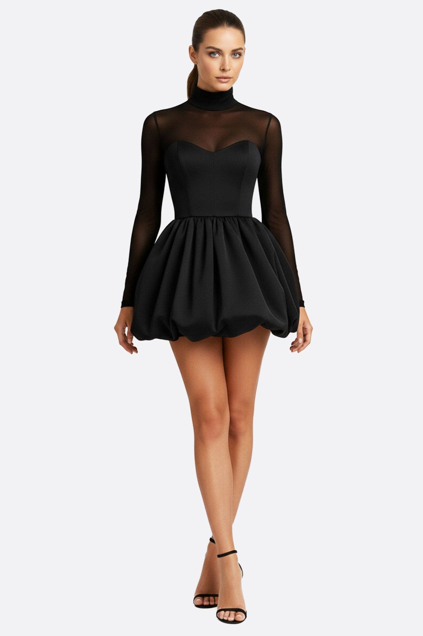 Schickes schwarzes Abendkleid, gebauschte Silhouette, transparente Tüllärmel für einen eleganten Look