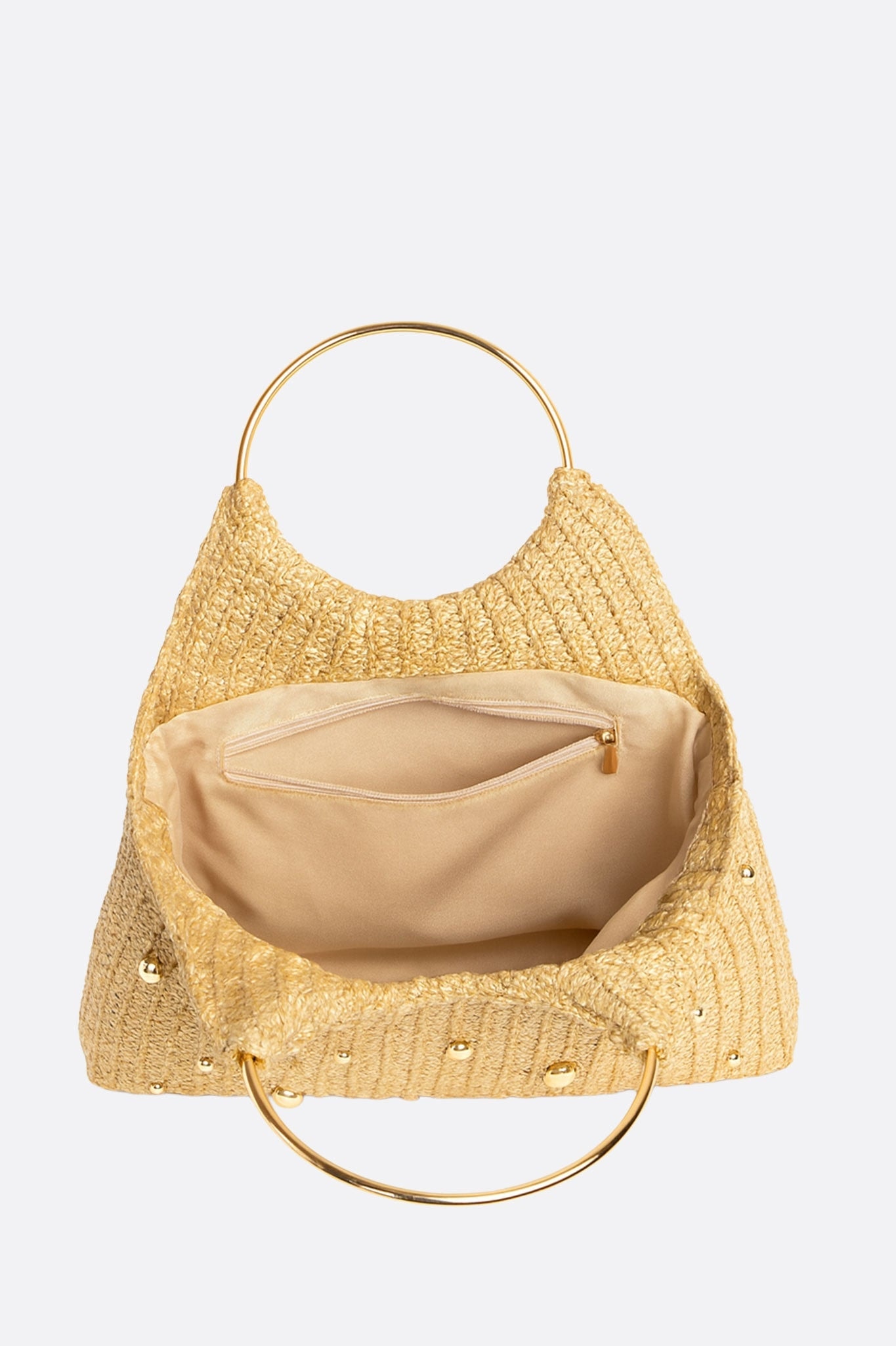Goldener Raphia-Cabas, verziert mit glänzenden Perlen, perfektes Accessoire für einen Sommerspaziergang oder ein elegantes Abendessen