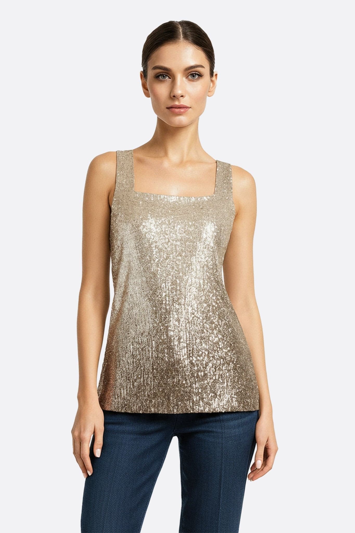 Top en sequins dégradés beige et bronze, élégant et scintillant, parfait pour une soirée chic ou un événement raffiné.