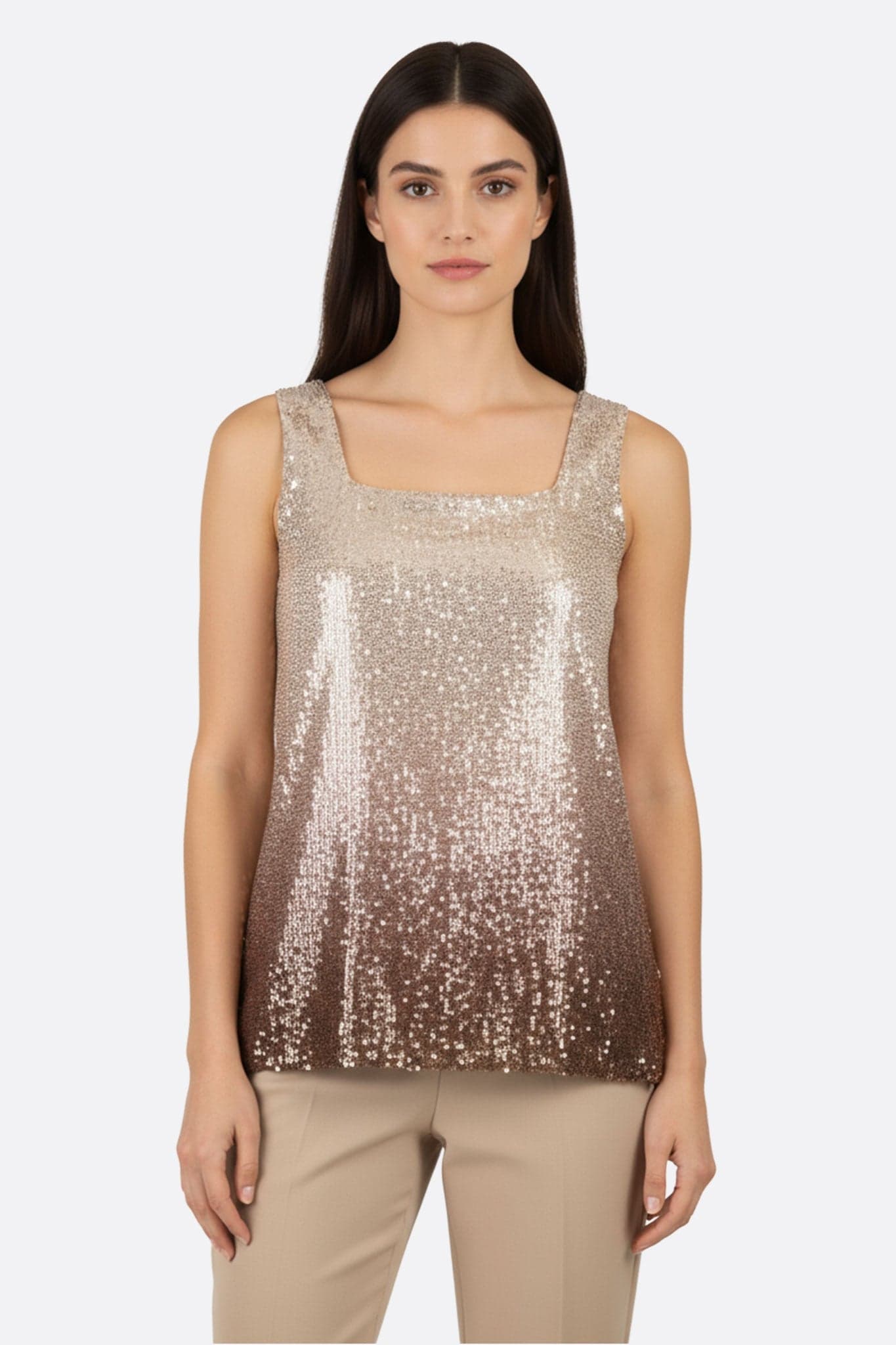 Top élégant en sequins dégradés dorés, beige, parfait pour illuminer vos soirées chic.