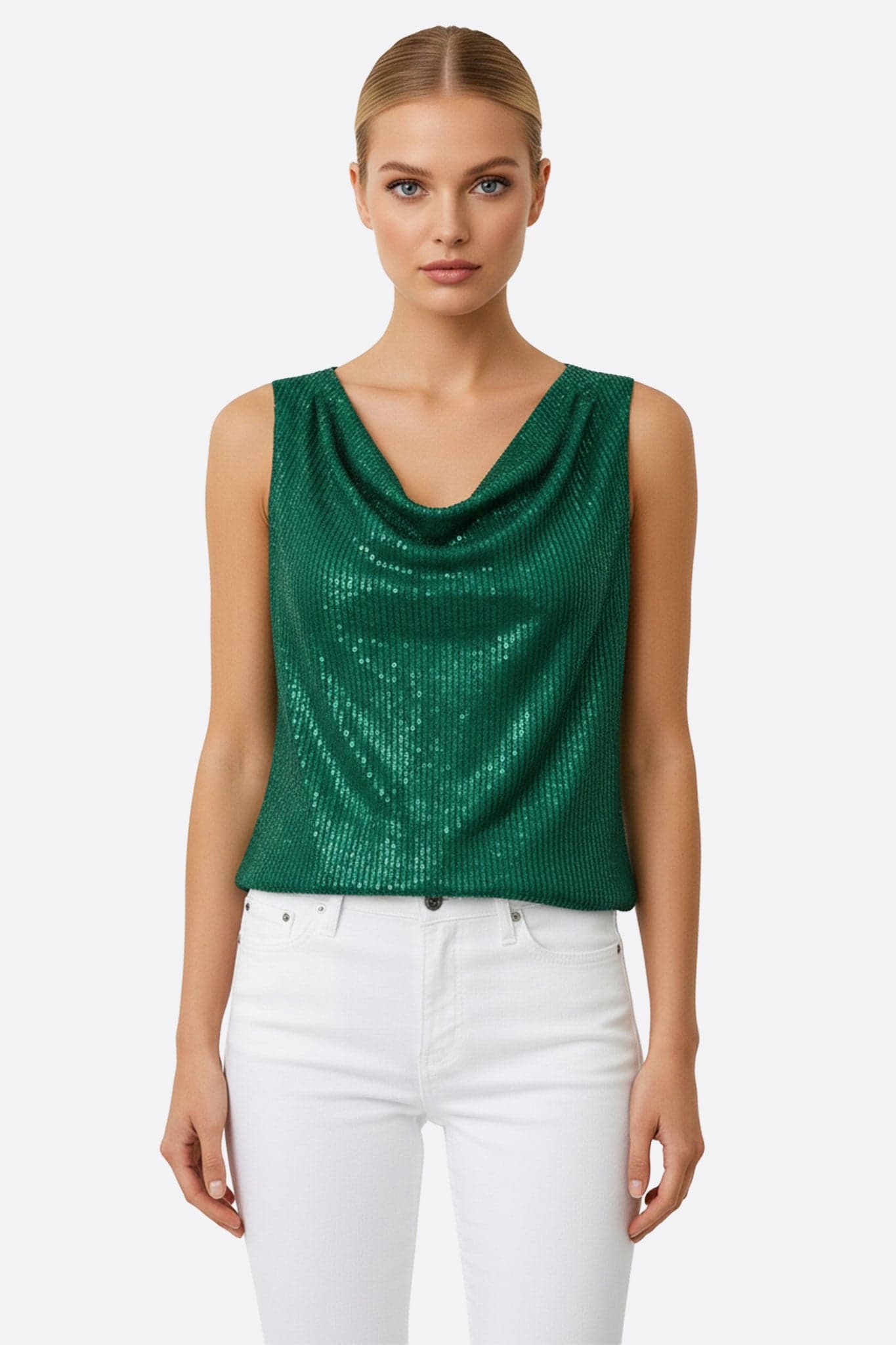 Top vert à sequins, sans manches, chic et élégant, idéal pour une soirée raffinée ou une occasion spéciale.